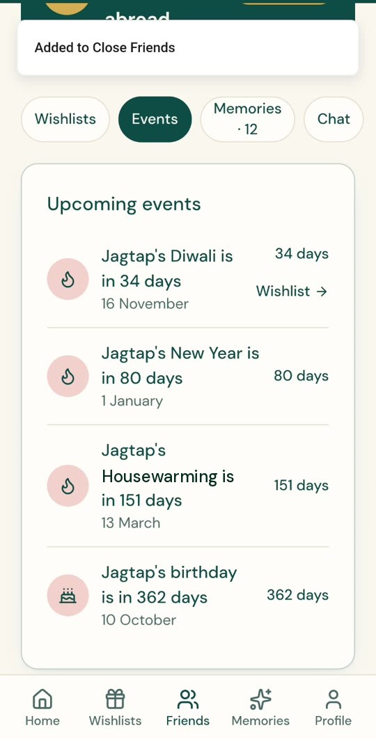 Upcoming events for a friend with countdowns